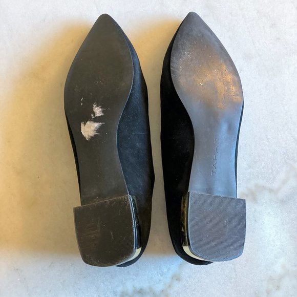 New! Tahari Eda black suede pointed toe flats / shoes with gold trim, block heel - Picture 7 of 13
